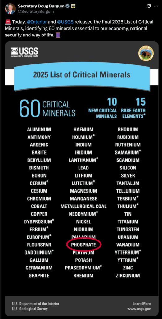 X Post:🚨 Today, @Interior and @USGS released the final 2025 List of Critical Minerals, identifying 60 minerals essential to our economy, national security and way of life. 🧵 Graphic with the 2025 List of Critical Minerals